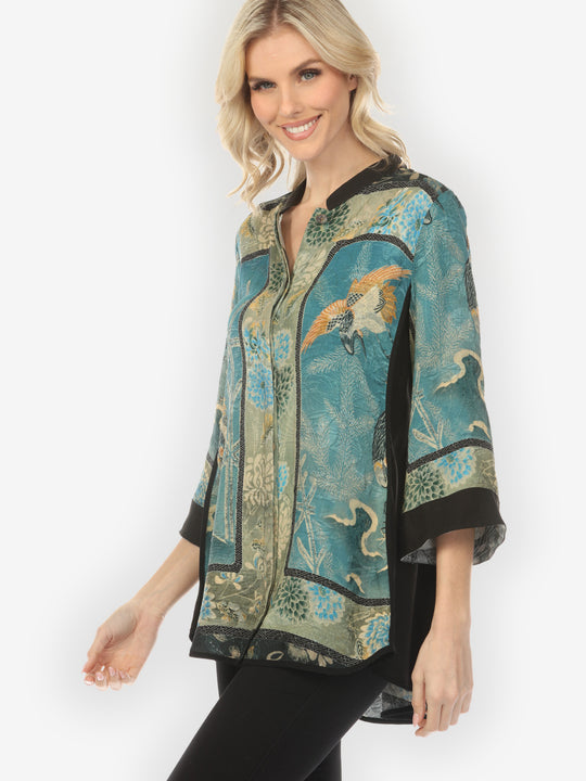 Crane Bamboo Floral Engineered Tummy Tuck Silk Shirt