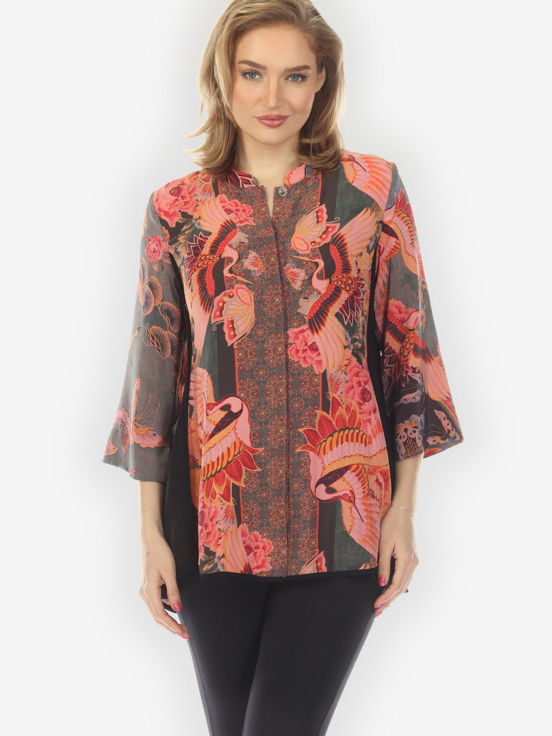 Crane Butterflies Silk Tummy Tuck Shirt