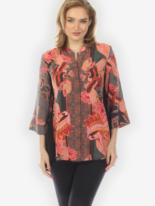 Crane Butterflies Silk Tummy Tuck Shirt