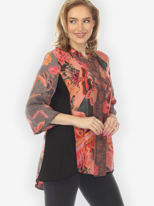 Crane Butterflies Silk Tummy Tuck Shirt