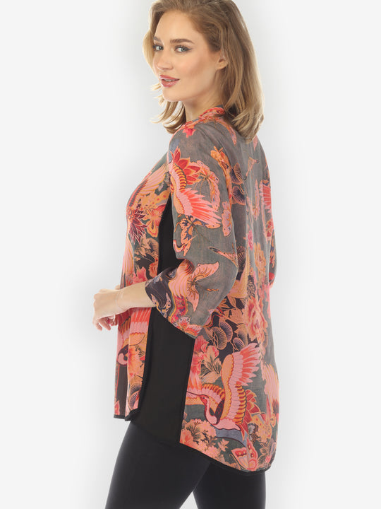 Crane Butterflies Silk Tummy Tuck Shirt
