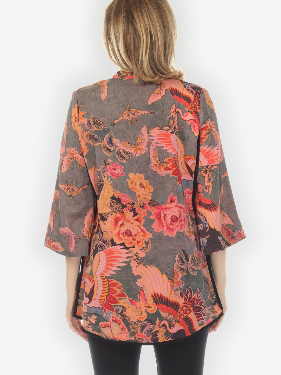Crane Butterflies Silk Tummy Tuck Shirt