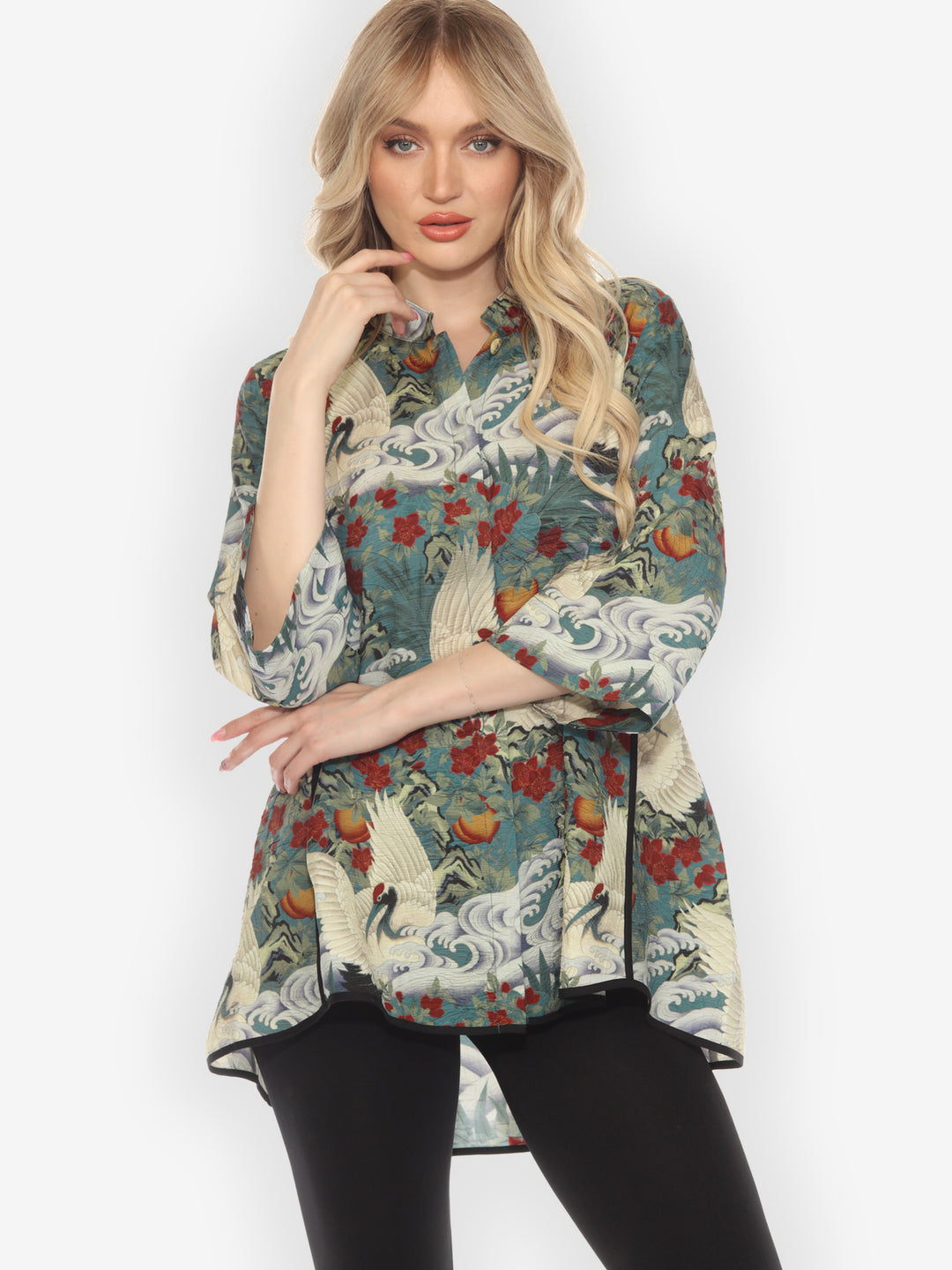 Crane in Jungle Silk Tummy Tuck Shirt
