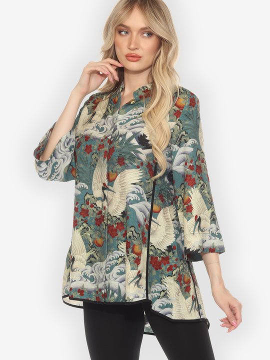 Crane in Jungle Silk Tummy Tuck Shirt