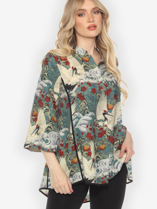 Crane in Jungle Silk Tummy Tuck Shirt