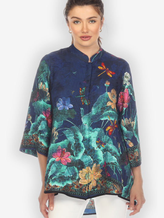 Dragonfly Lotus Turquoise Silk Tummy Tuck Blouse