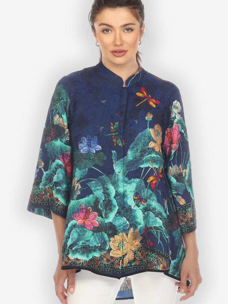 Dragonfly Lotus Turquoise Tummy Tuck Blouse