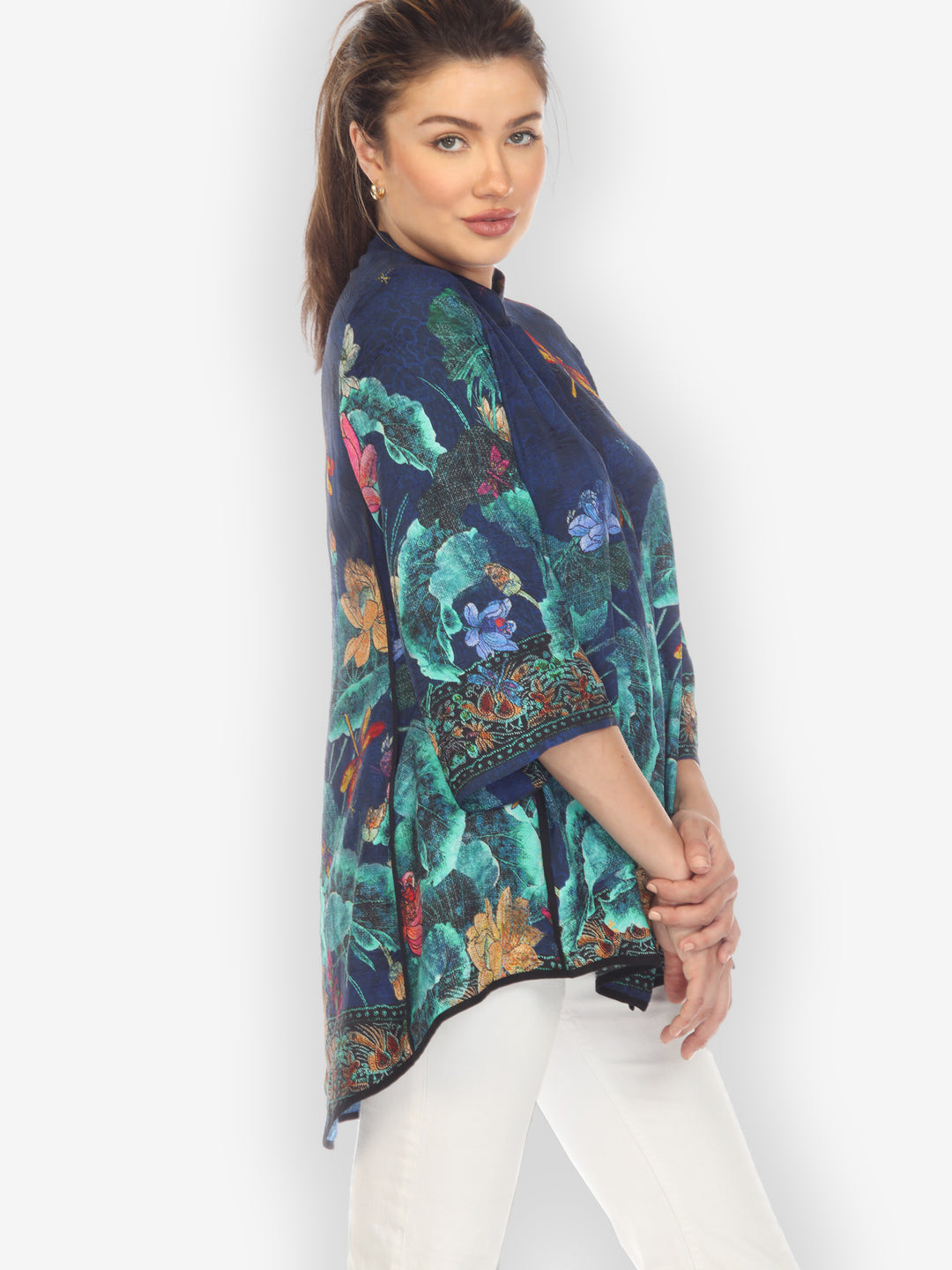 Dragonfly Lotus Turquoise Silk Tummy Tuck Blouse