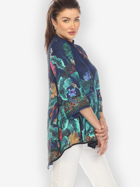Dragonfly Lotus Turquoise Silk Tummy Tuck Blouse