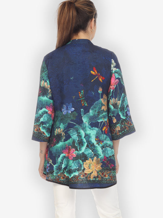 Dragonfly Lotus Turquoise Silk Tummy Tuck Blouse