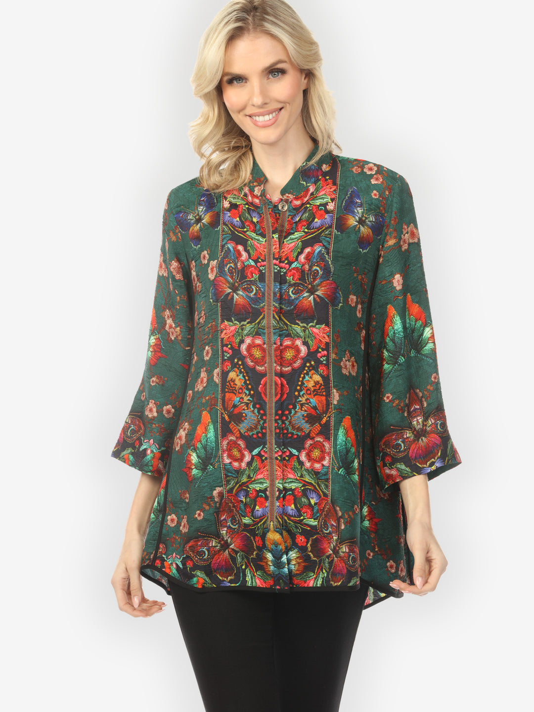 Embroidery Butterflies Blossoms in Green Tummy Tuck Shirt