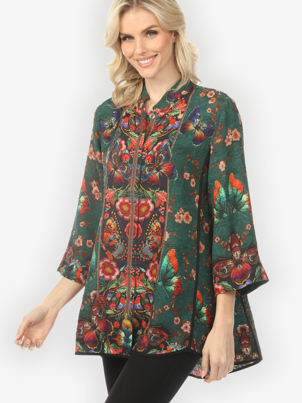 Embroidery Butterflies Blossoms in Green Tummy Tuck Shirt