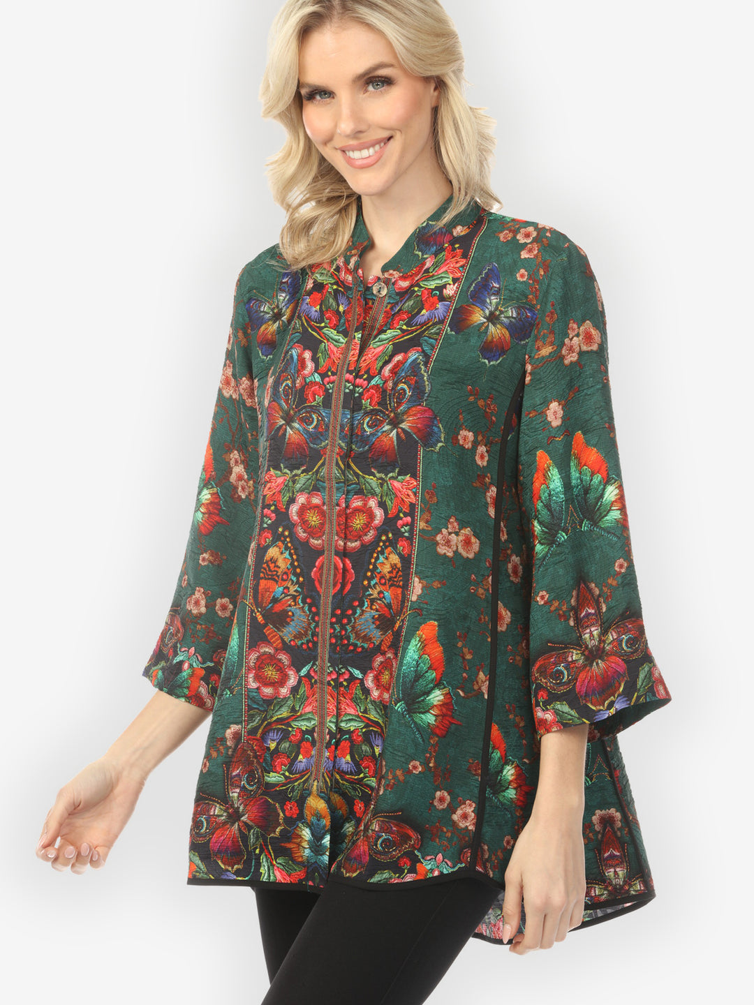 Embroidery Butterflies Blossoms in Green Tummy Tuck Shirt