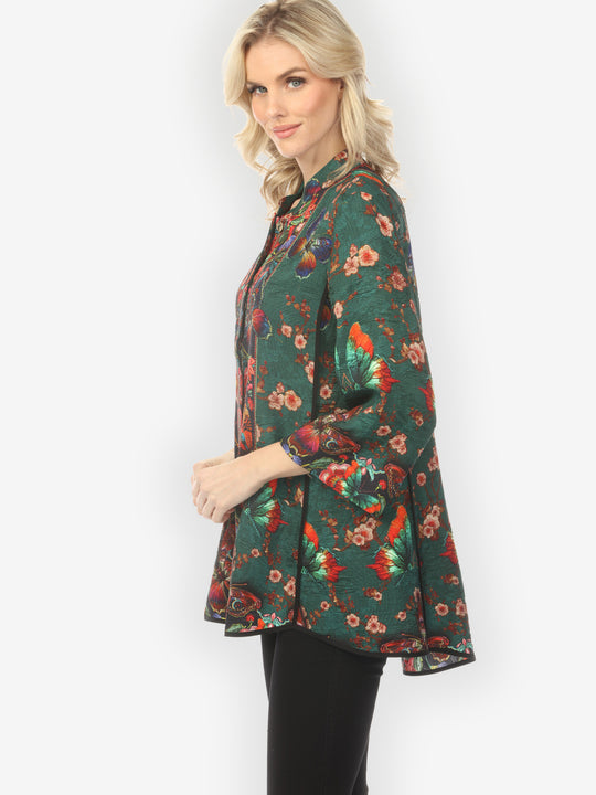 Embroidery Butterflies Blossoms in Green Tummy Tuck Shirt