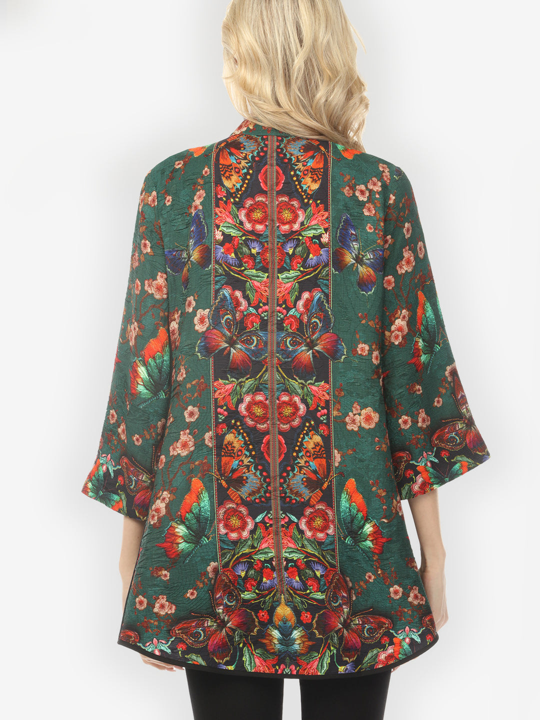 Embroidery Butterflies Blossoms in Green Tummy Tuck Shirt