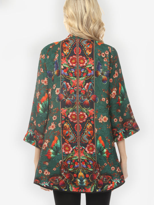 Embroidery Butterflies Blossoms in Green Tummy Tuck Shirt