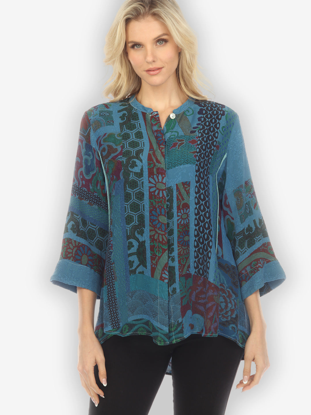 Exotic Engineered Art in Blue Silk Shirt