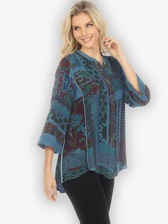 Exotic Engineered Art in Blue Silk Shirt