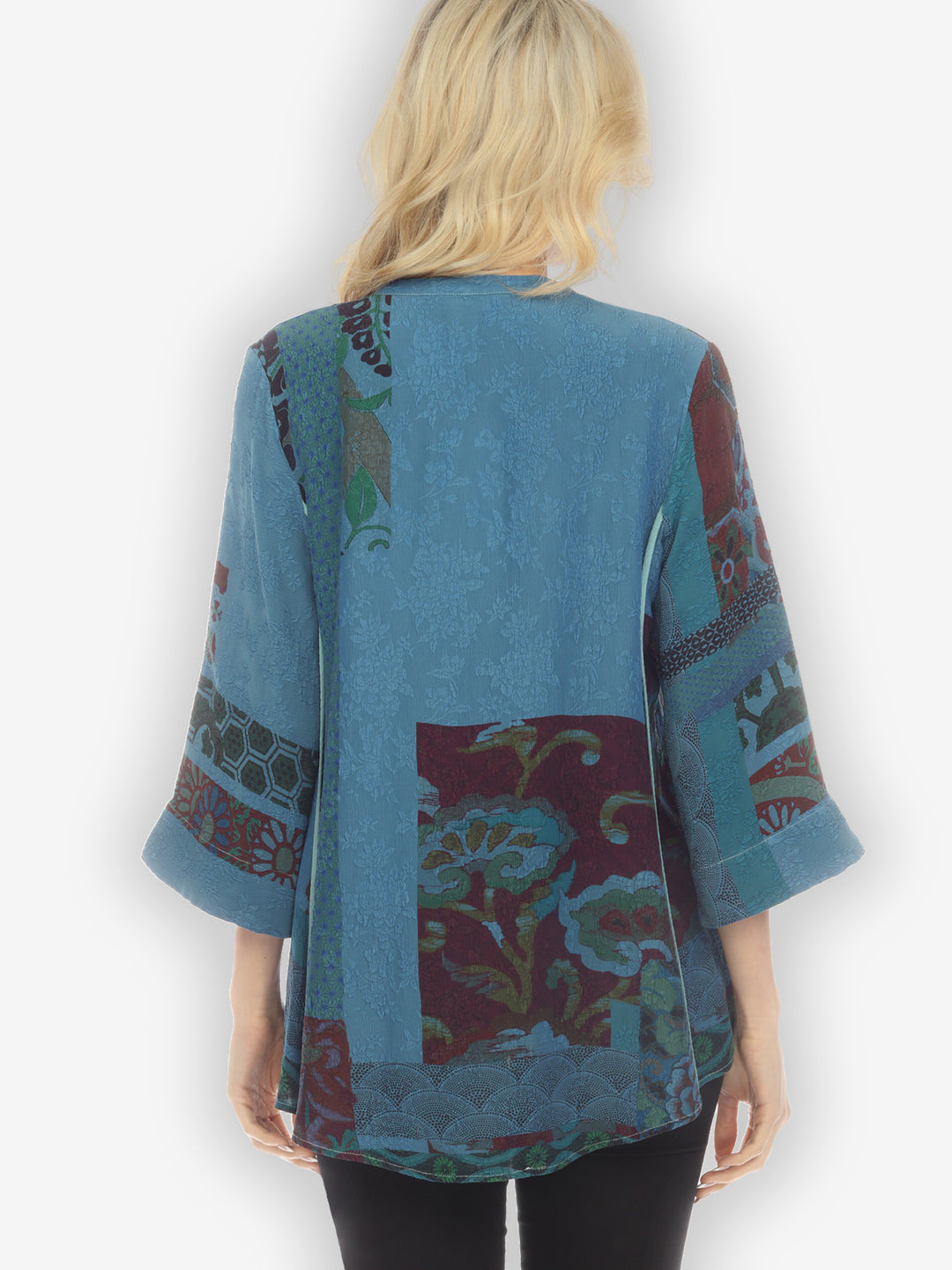 Exotic Engineered Art in Blue Silk Shirt