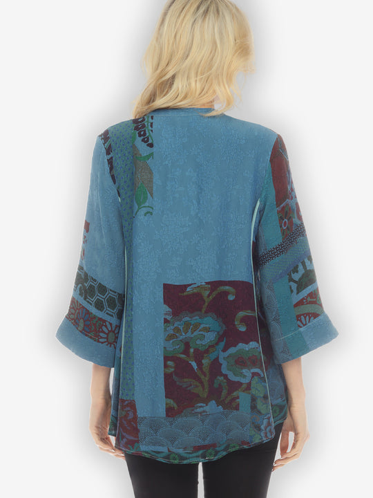 Exotic Engineered Art in Blue Silk Shirt