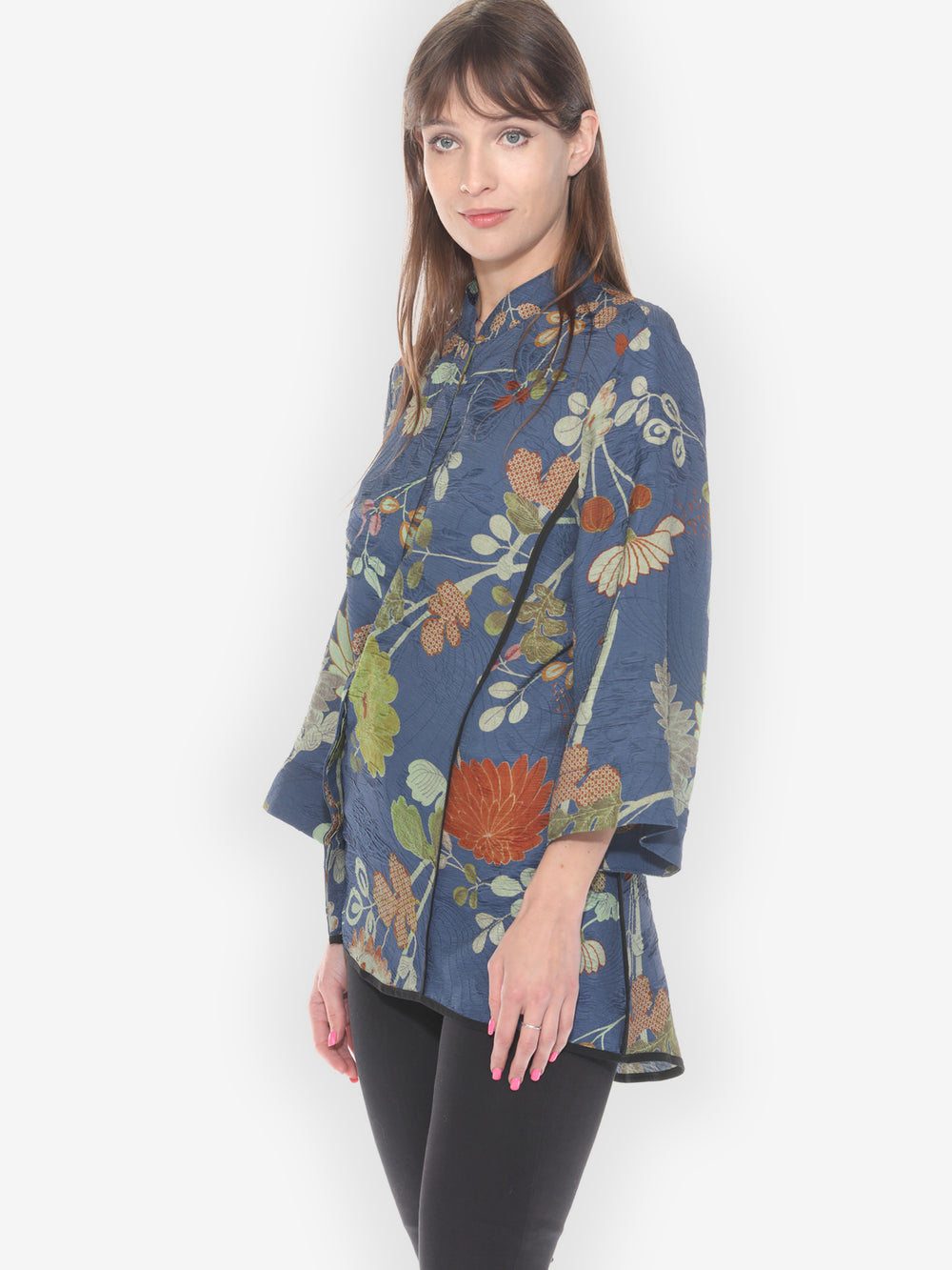 Garden in Blue Silk Tummy Tuck Shirt