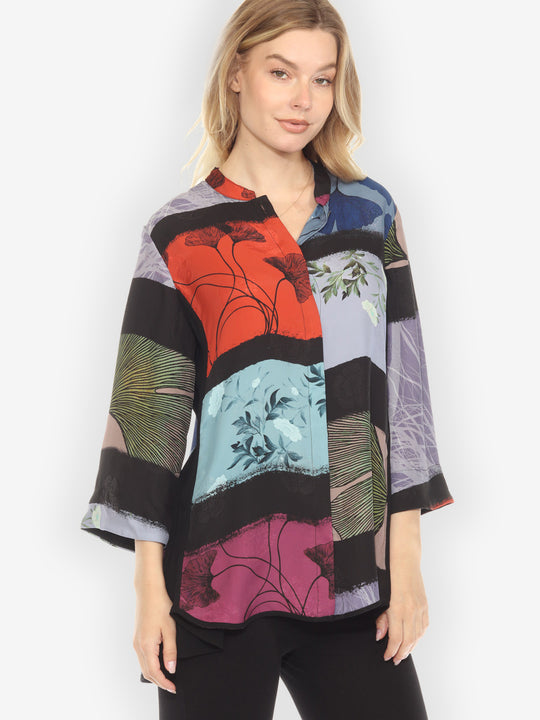 Gingko Leaves Cheerful Tummy Tuck Silk Shirt