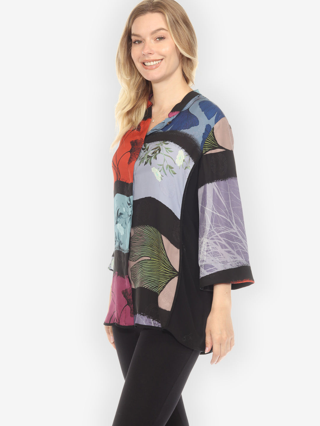 Gingko Leaves Cheerful Tummy Tuck Silk Shirt