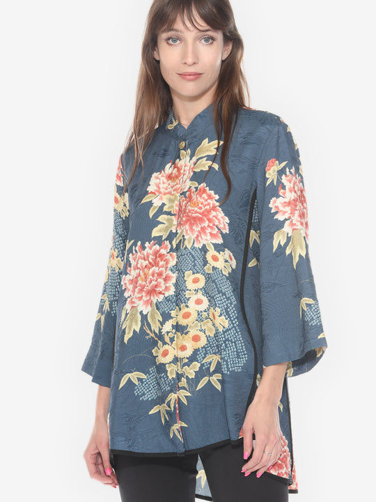 Indigo Shibori Flowers Silk Tummy Tuck Shirt
