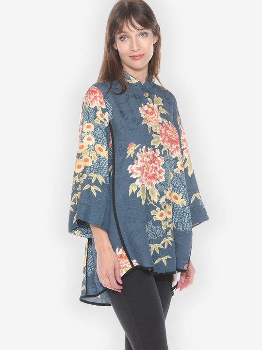 Indigo Shibori Flowers Silk Tummy Tuck Shirt