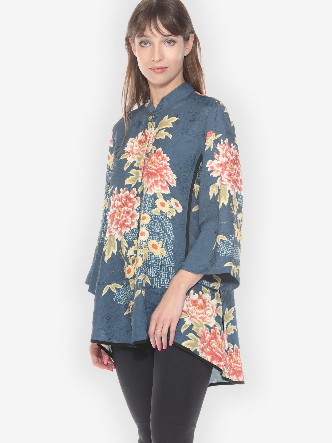 Indigo Shibori Flowers Silk Tummy Tuck Shirt