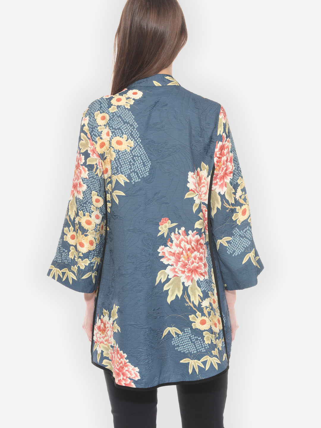 Indigo Shibori Flowers Silk Tummy Tuck Shirt