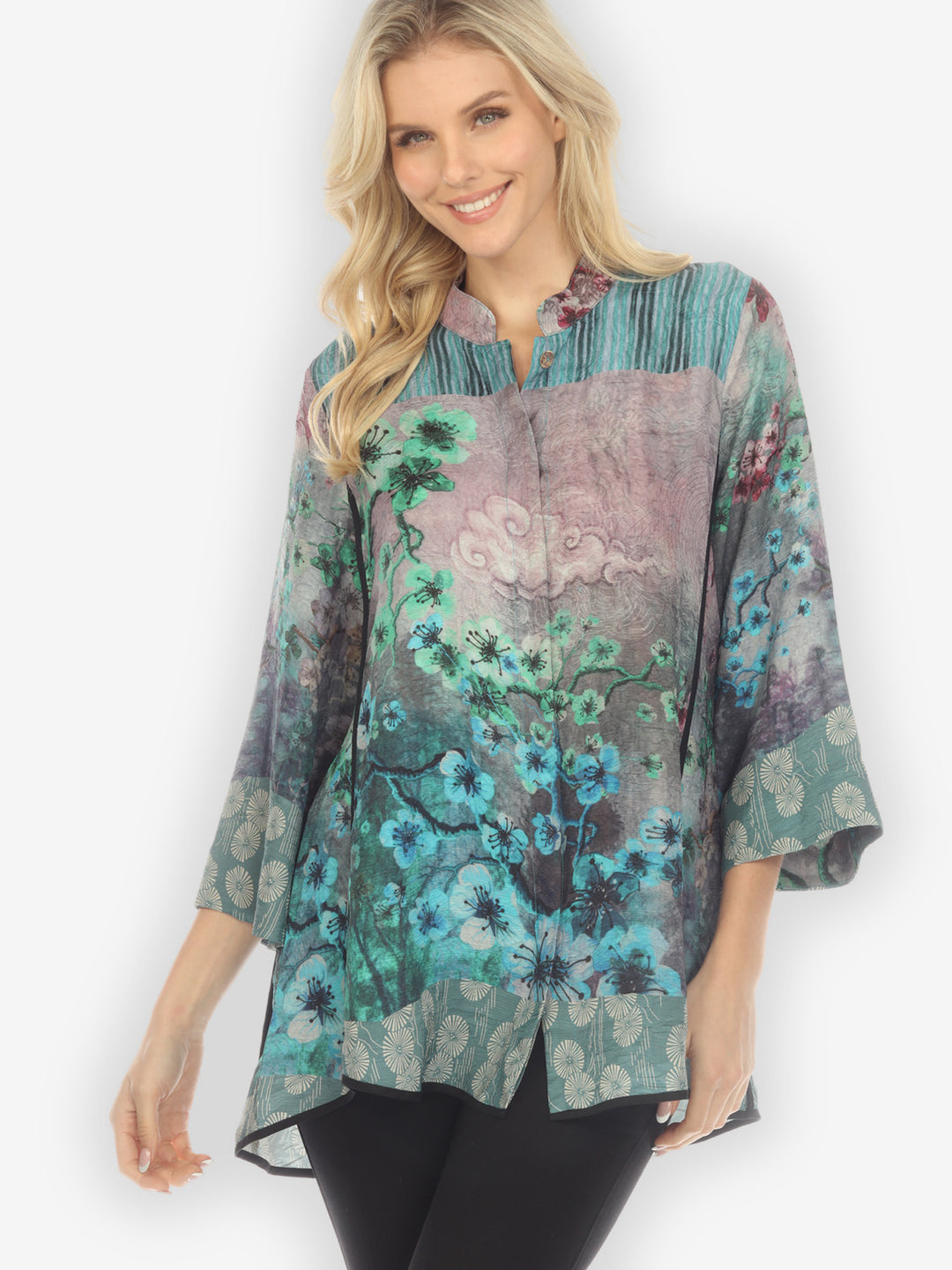 Joy Bloom Border in Blue Silk Tummy Tuck Shirt