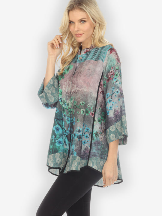 Joy Bloom Border in Blue Silk Tummy Tuck Shirt