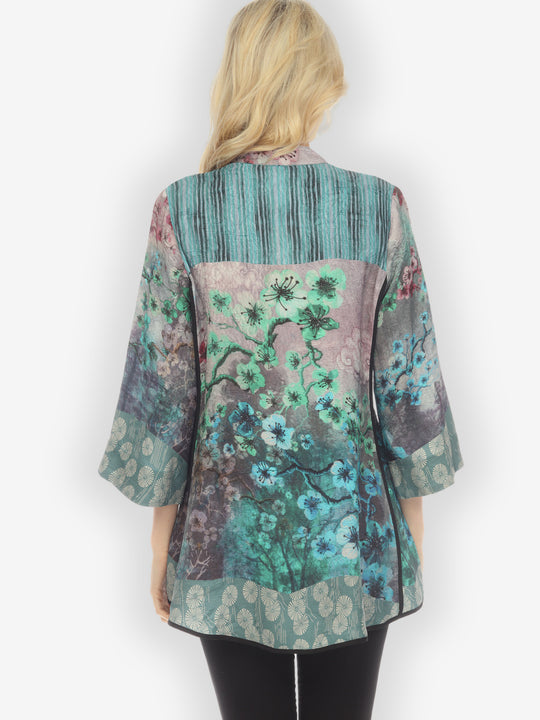 Joy Bloom Border in Blue Silk Tummy Tuck Shirt