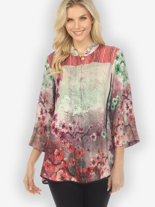 Joy Bloom Border Red Silk Tummy Tuck Shirt