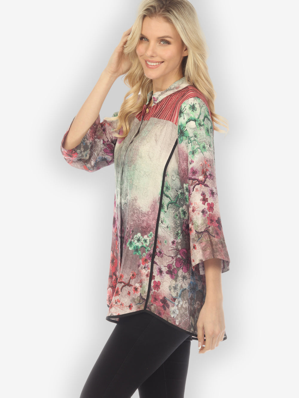 Joy Bloom Border Red Silk Tummy Tuck Shirt