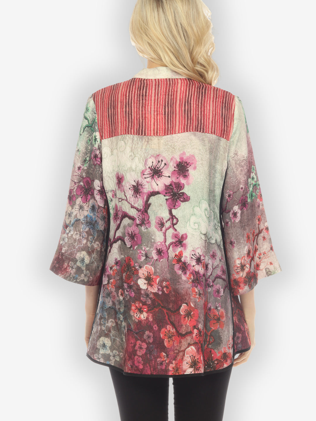 Joy Bloom Border Red Silk Tummy Tuck Shirt
