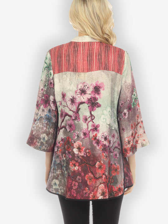 Joy Bloom Border Red Silk Tummy Tuck Shirt