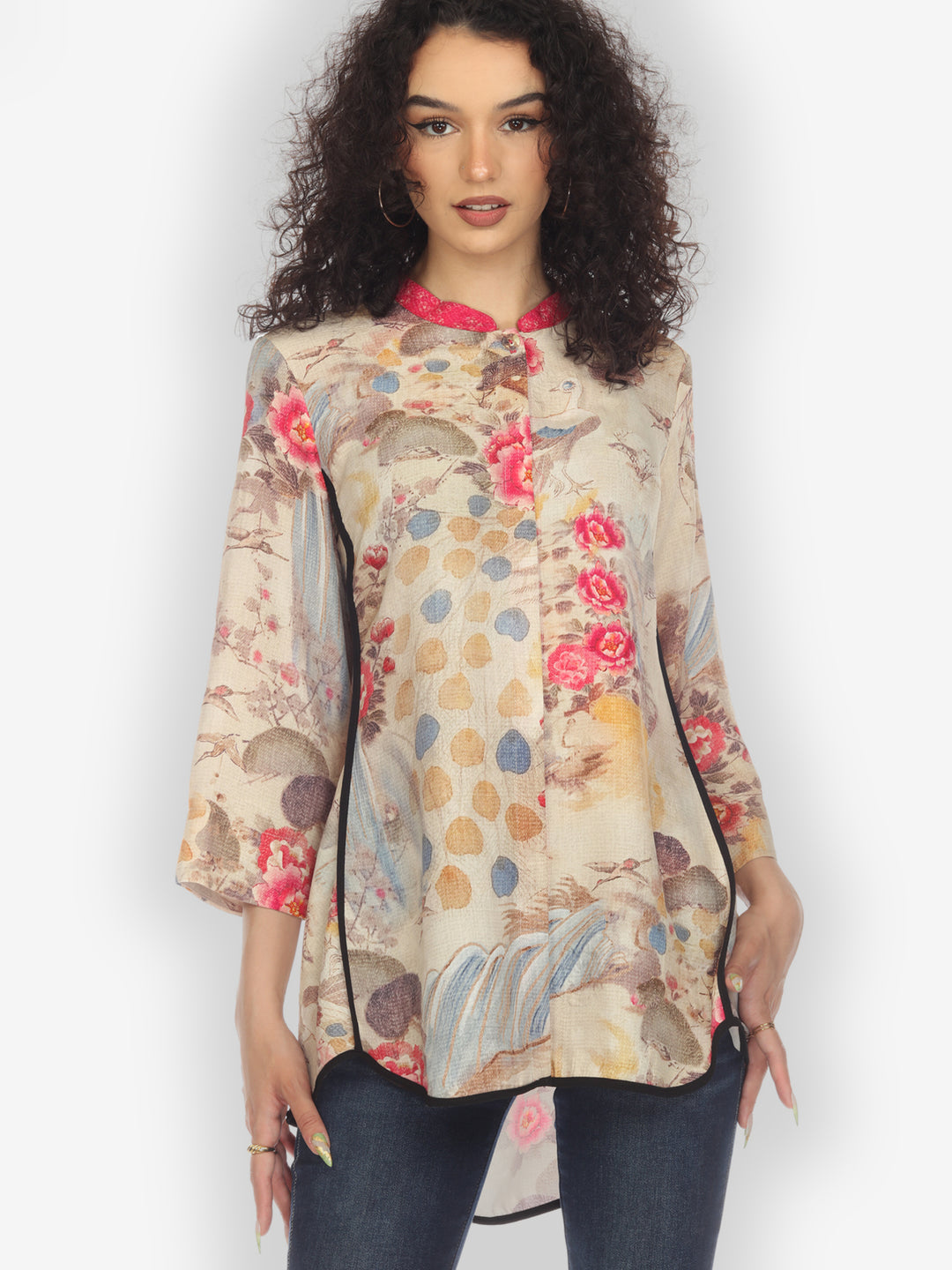 Kimono Art Design Silk Tummy Tuck Blouse