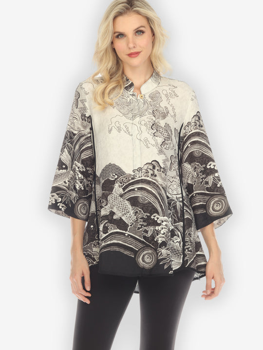 Koi Black White Silk Tummy Tuck Shirt