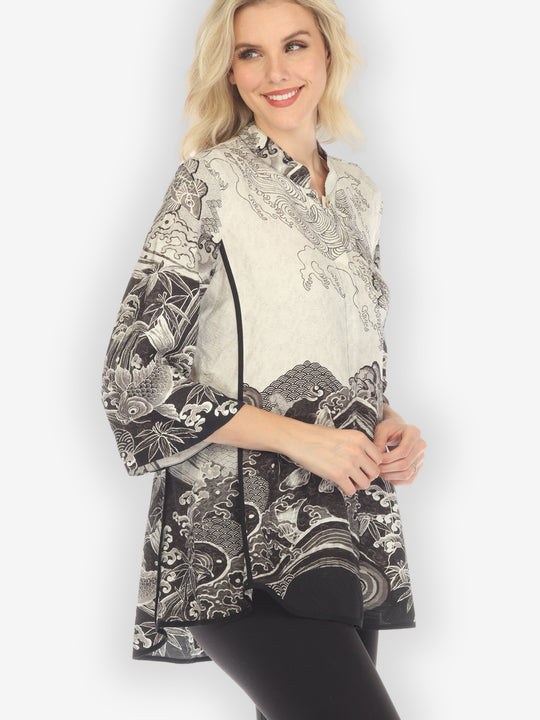 Koi Black White Silk Tummy Tuck Shirt