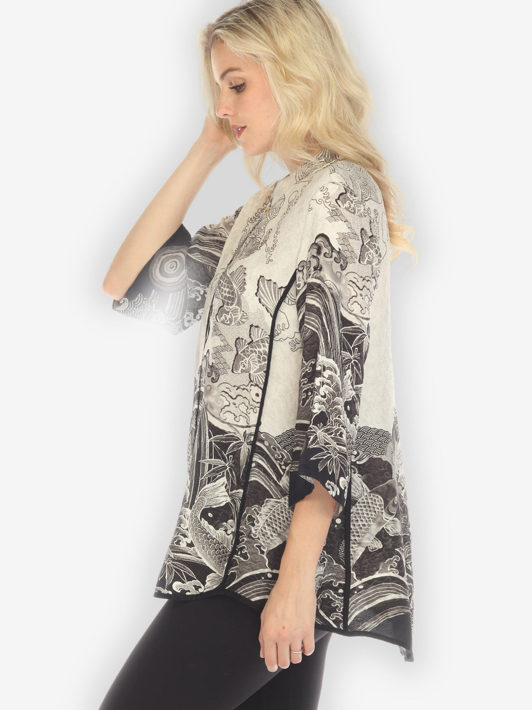 Koi Black White Silk Tummy Tuck Shirt
