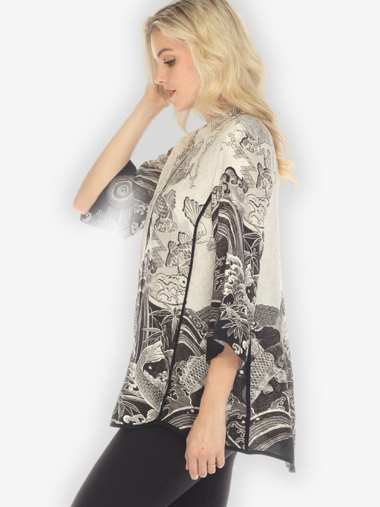 Koi Black White Silk Tummy Tuck Shirt