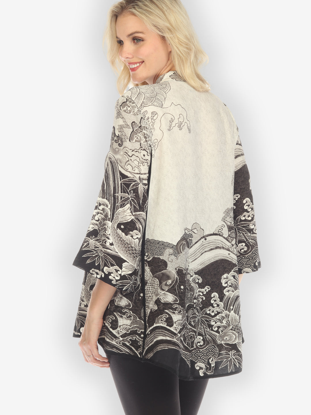 Koi Black White Silk Tummy Tuck Shirt