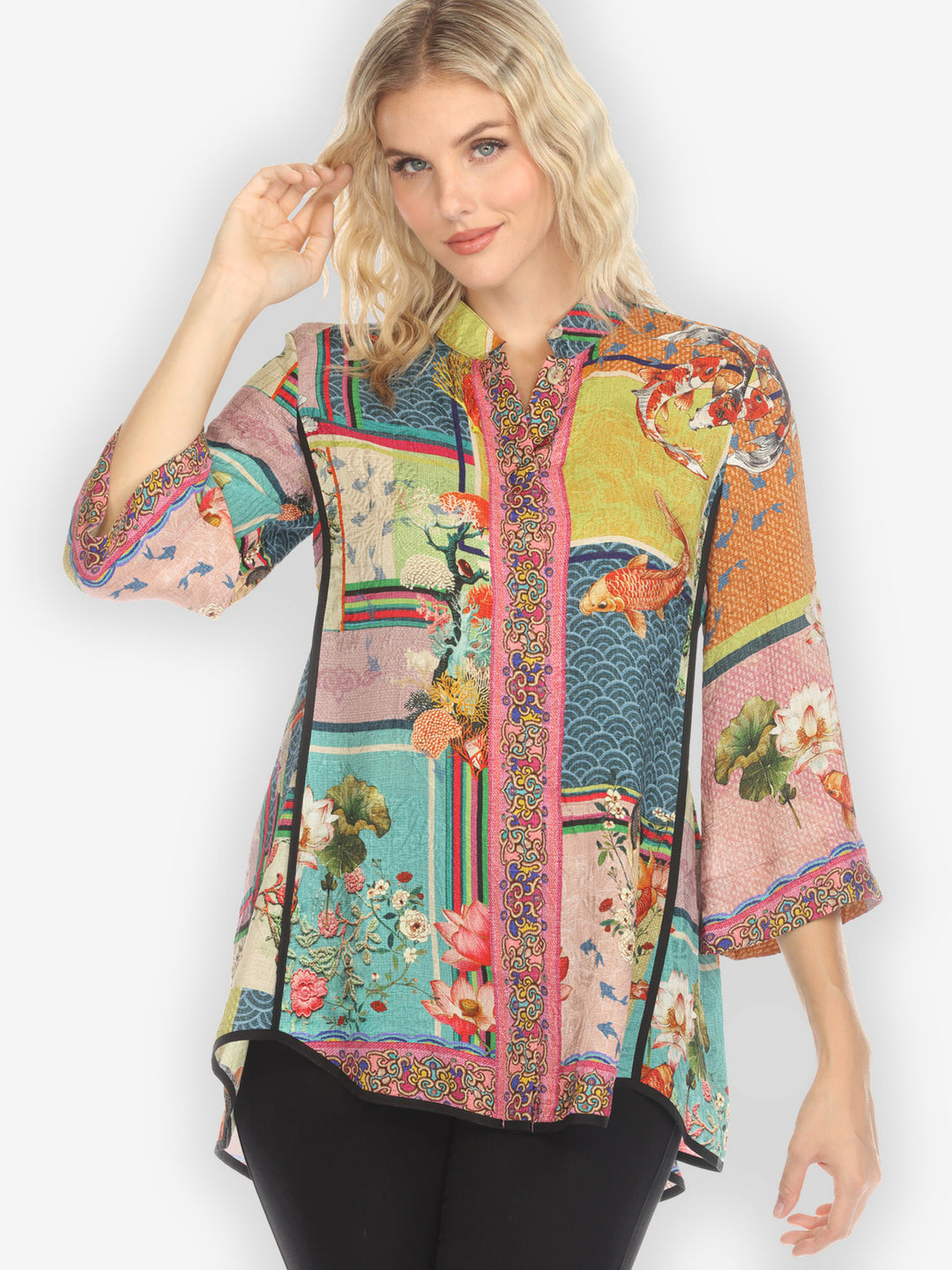 Koi Fish Block Pattern Silk Tummy Tuck Shirt