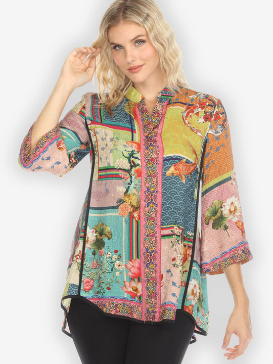 Koi Fish Block Pattern Silk Tummy Tuck Shirt
