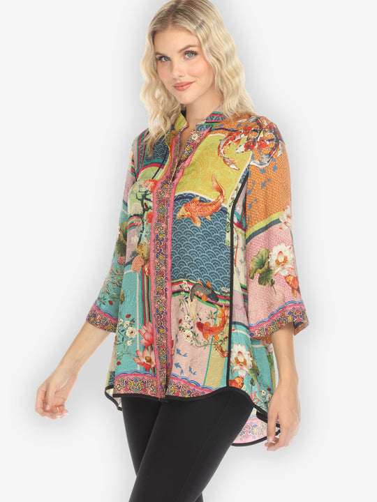 Koi Fish Block Pattern Silk Tummy Tuck Shirt