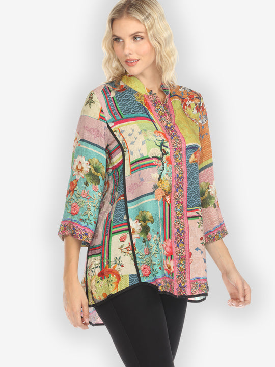 Koi Fish Block Pattern Silk Tummy Tuck Shirt