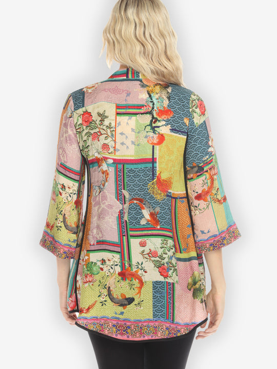 Koi Fish Block Pattern Silk Tummy Tuck Shirt