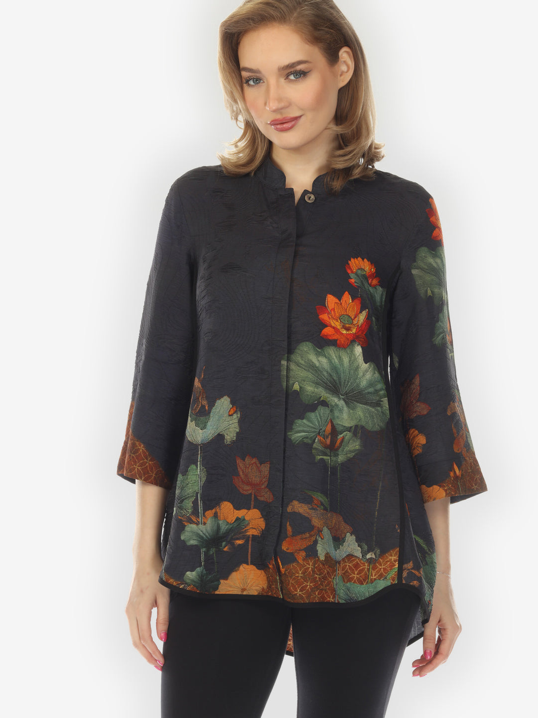 Lotus Paradise Navy Silk Tummy Tuck Shirt